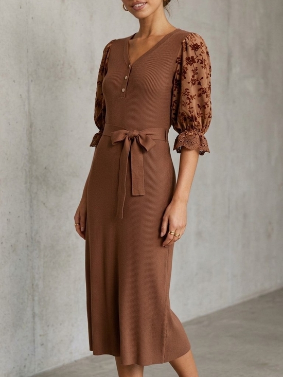 Polagram Dresses & Skirts - Polagram Chestnut Brown Puff-Sleeve Tie-Waist Midi Dress